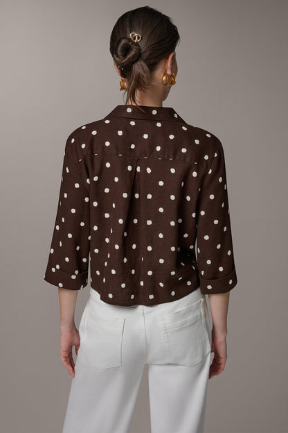 ELBOW SLEEVE POLKA DOT TIE FRONT BLOUSE - Canyon Distressed Dot