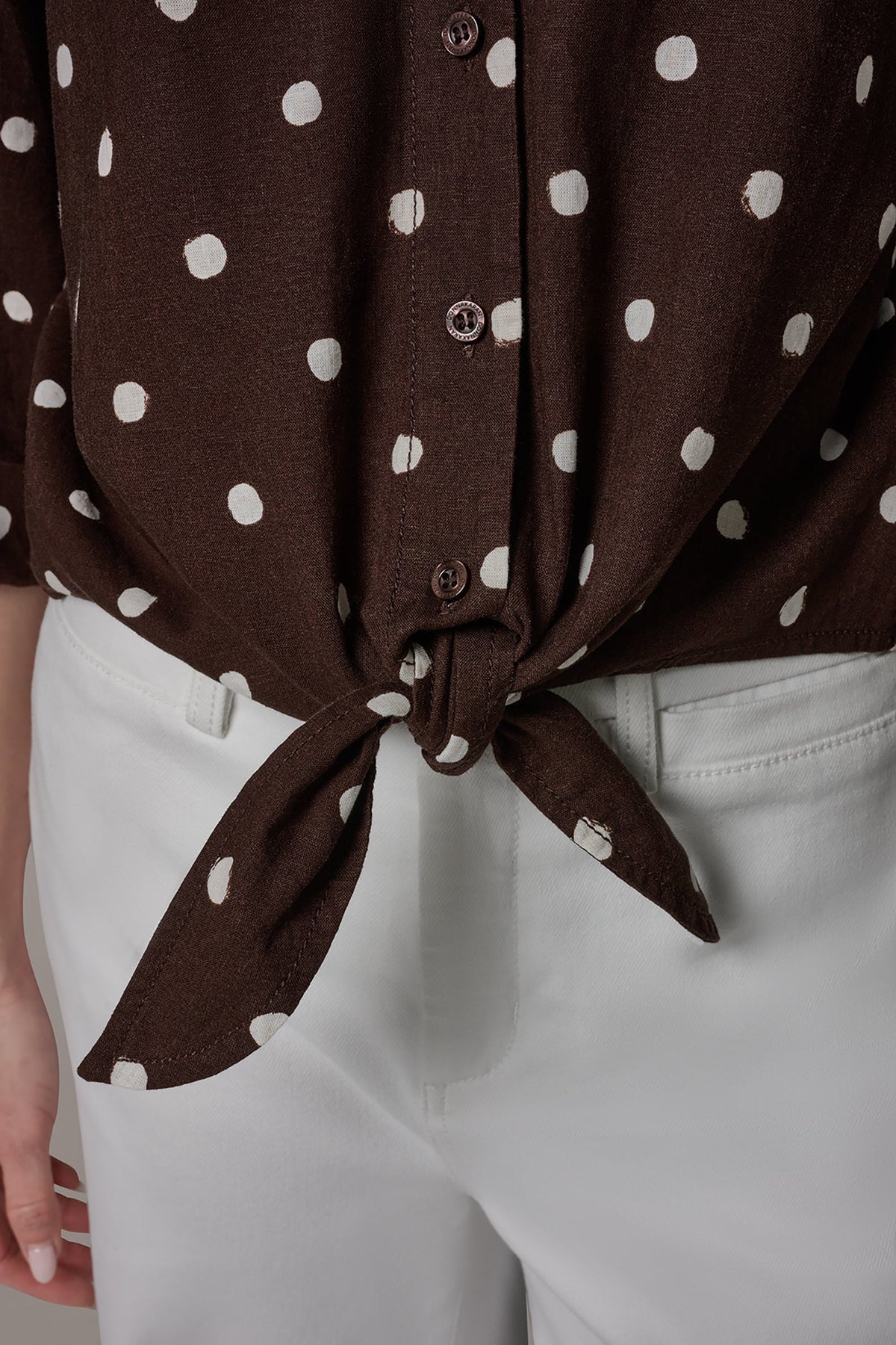ELBOW SLEEVE POLKA DOT TIE FRONT BLOUSE - Canyon Distressed Dot