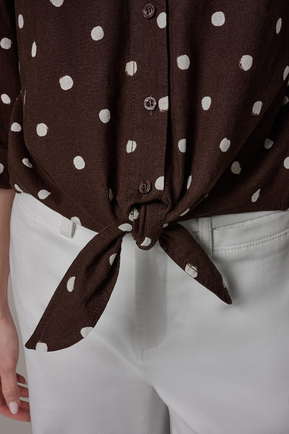 ELBOW SLEEVE POLKA DOT TIE FRONT BLOUSE - Canyon Distressed Dot