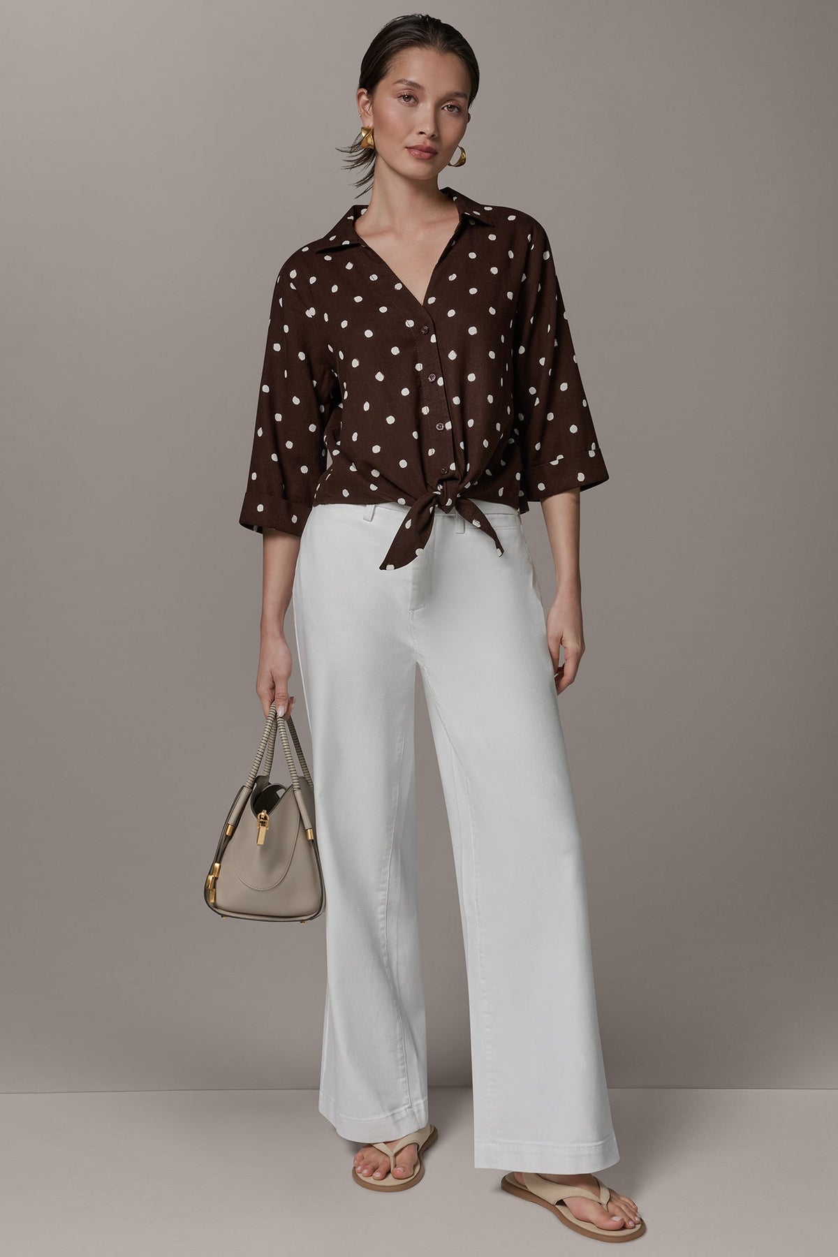 ELBOW SLEEVE POLKA DOT TIE FRONT BLOUSE - Canyon Distressed Dot