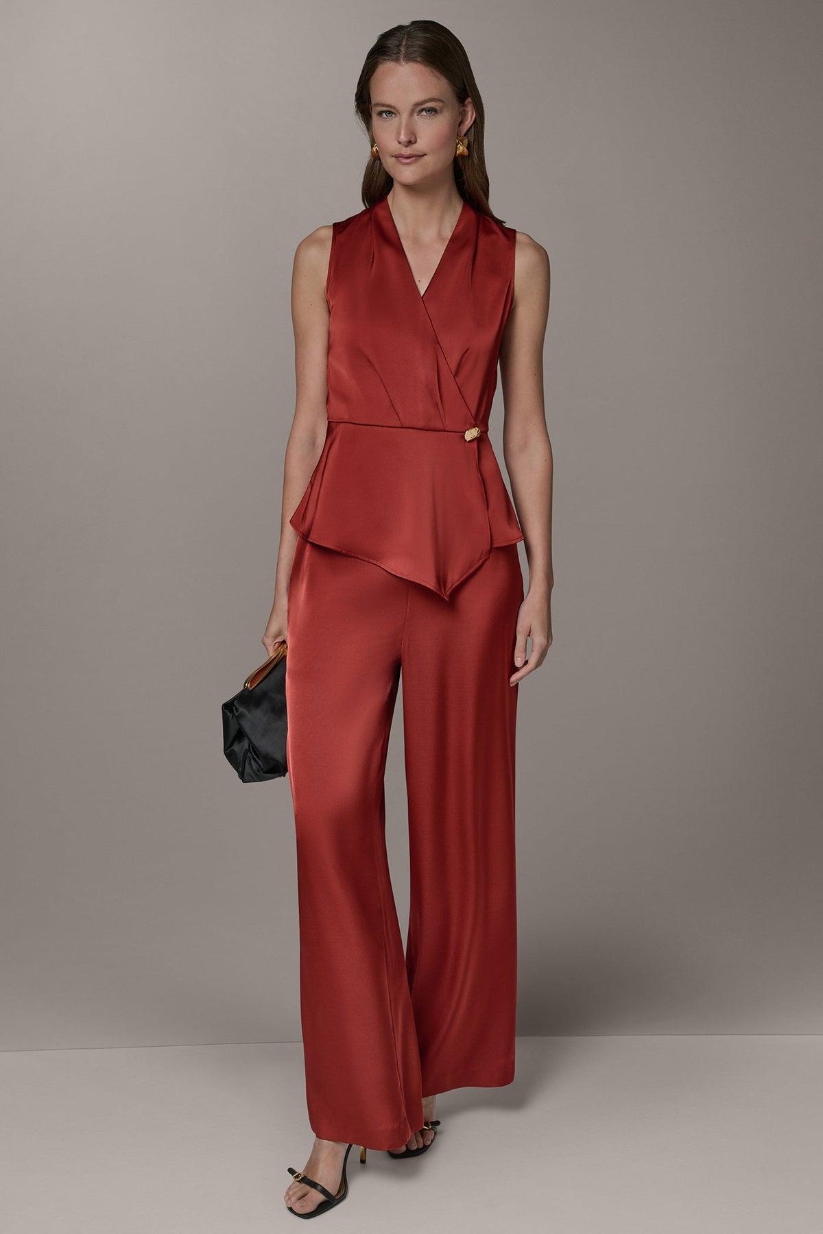 SLEEVELESS WRAP-EFFECT ASYMMETRIC PEPLUM BLOUSE - Sunbaked