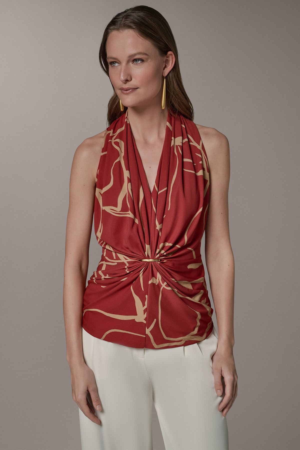 RUCHED V-NECK TOP - Sunbaked/Fawn