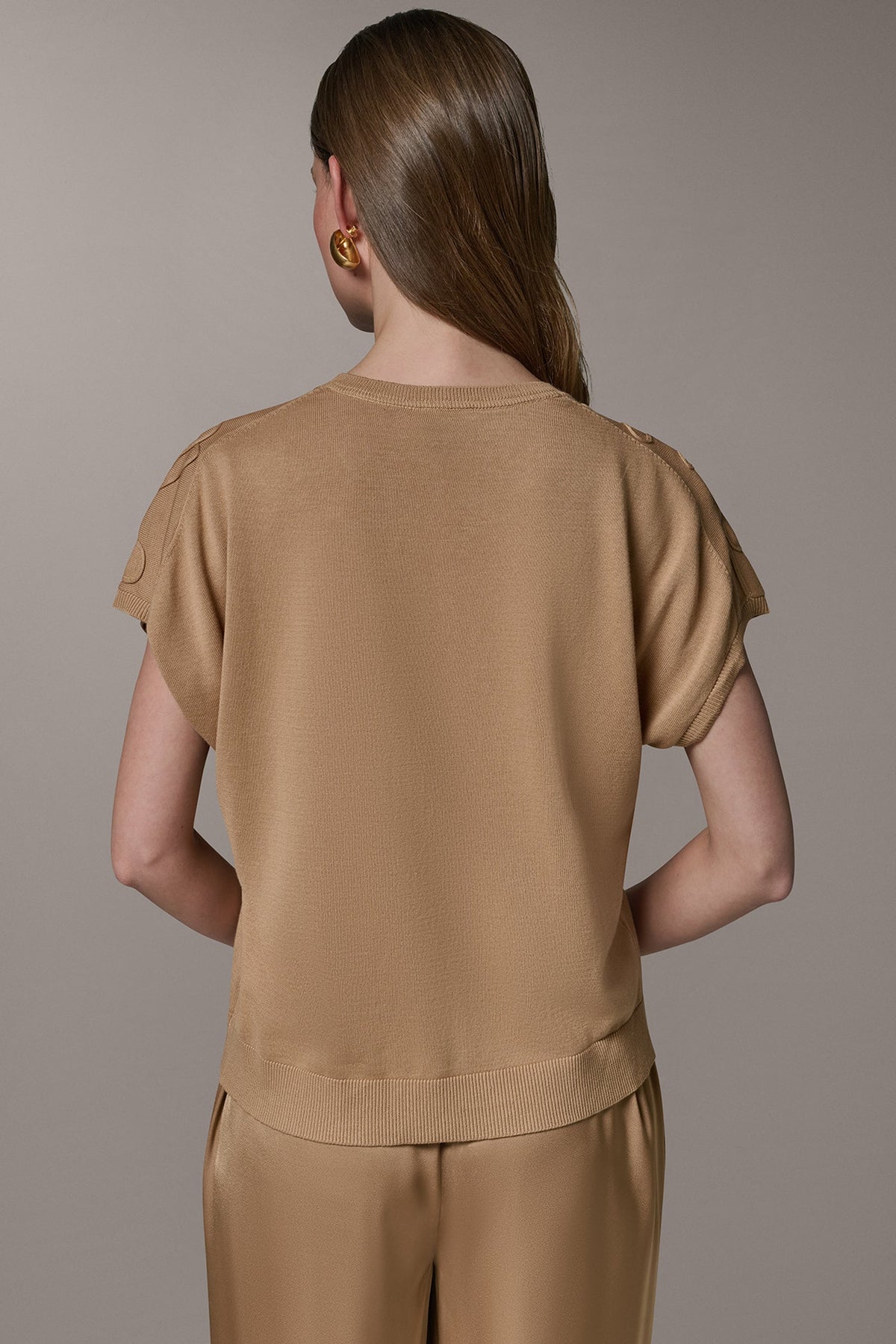 SHORT SLEEVE GEOMETRIC SWEATER - Fawn