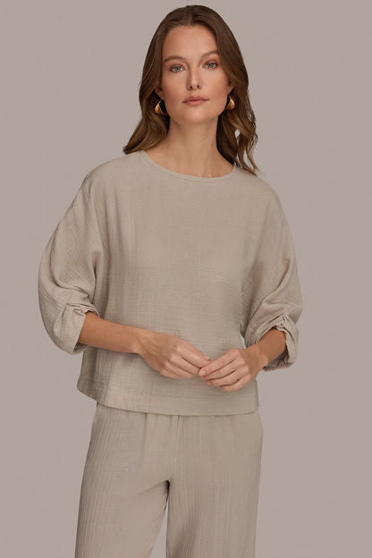 3/4 SLEEVE TWIST CUFF BLOUSE - Tuscan Grey