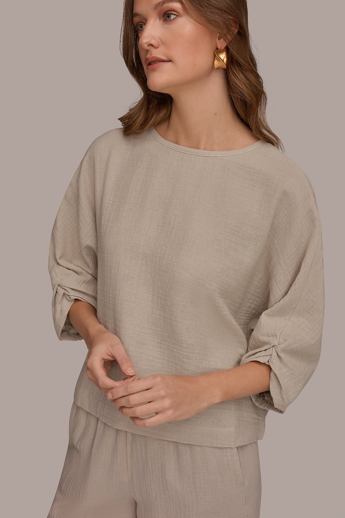 3/4 SLEEVE TWIST CUFF BLOUSE - Tuscan Grey