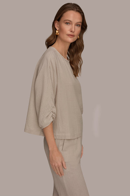 3/4 SLEEVE TWIST CUFF BLOUSE - Tuscan Grey