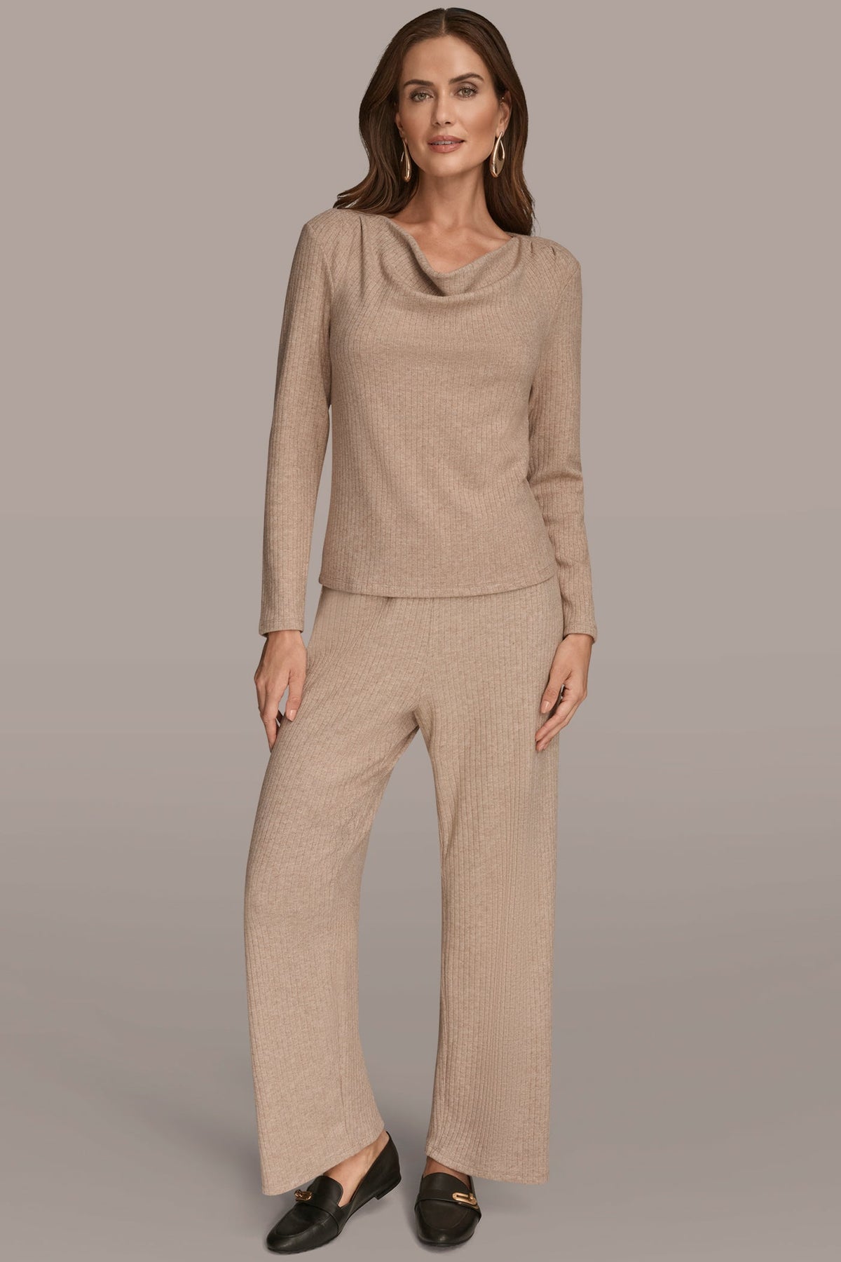 METALLIC COWL-NECK RIB-KNIT BLOUSE - FAWN HEATHER