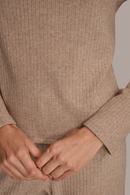 METALLIC COWL-NECK RIB-KNIT BLOUSE - FAWN HEATHER