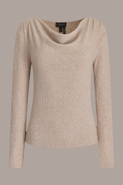METALLIC COWL-NECK RIB-KNIT BLOUSE - FAWN HEATHER