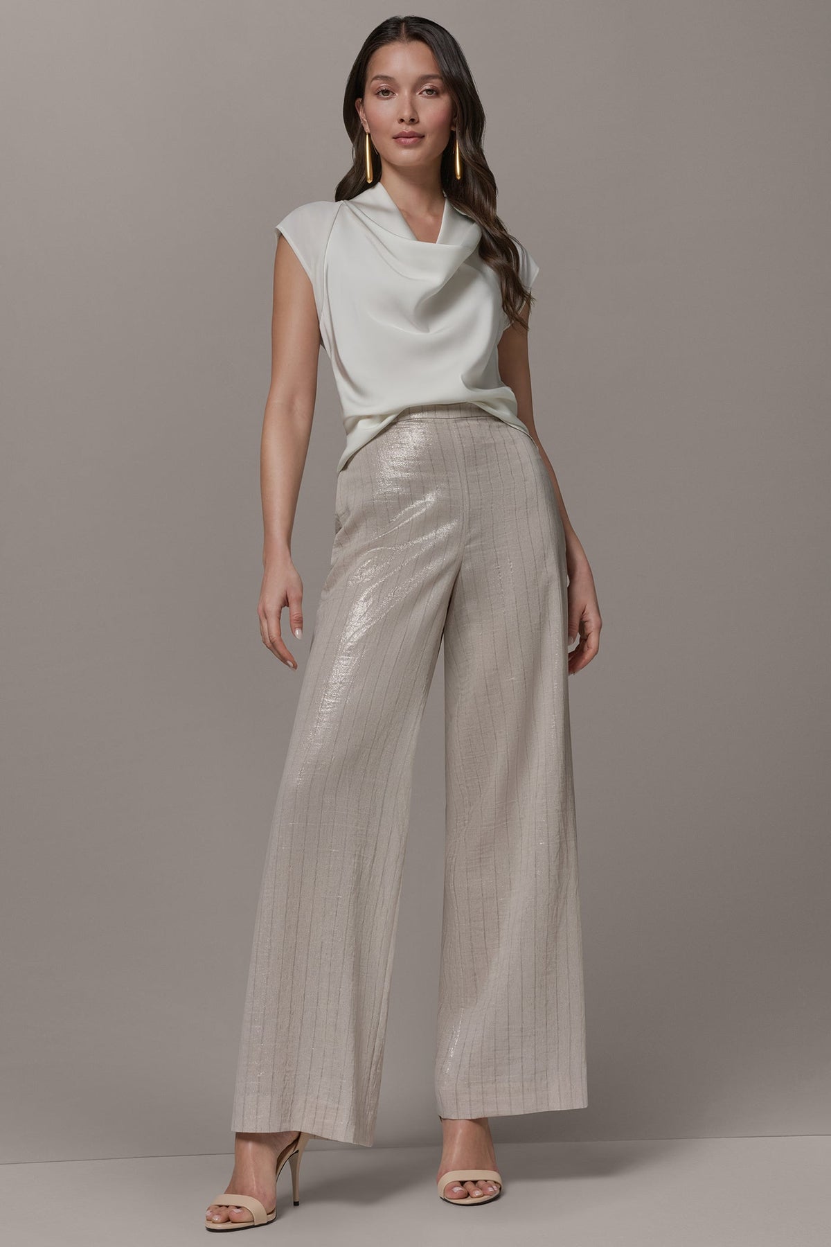 HIGH-RISE METALLIC PINSTRIPE WIDE-LEG PANT - Sisal/Canyon