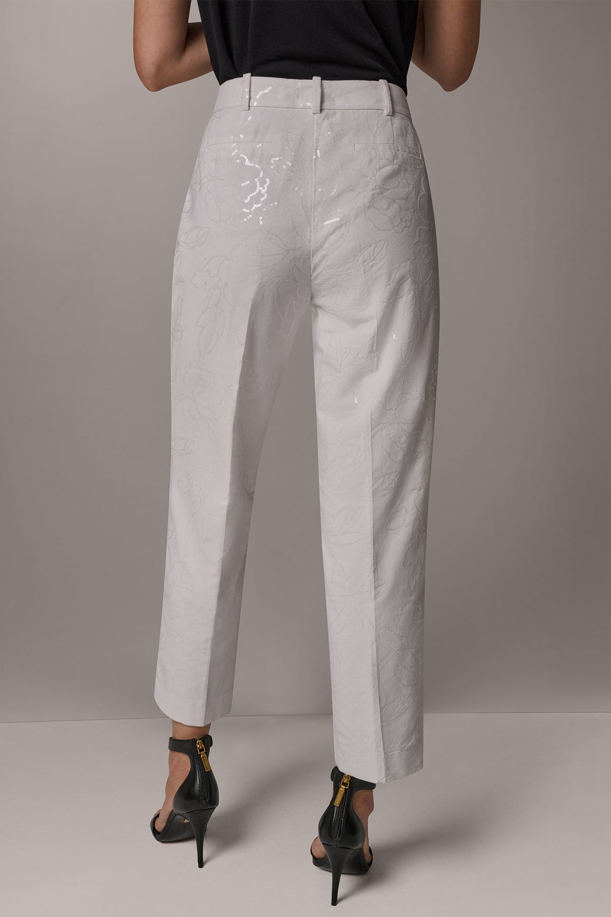 MID-RISE SEQUIN EMBROIDERED STRAIGHT ANKLE PANT - Cream