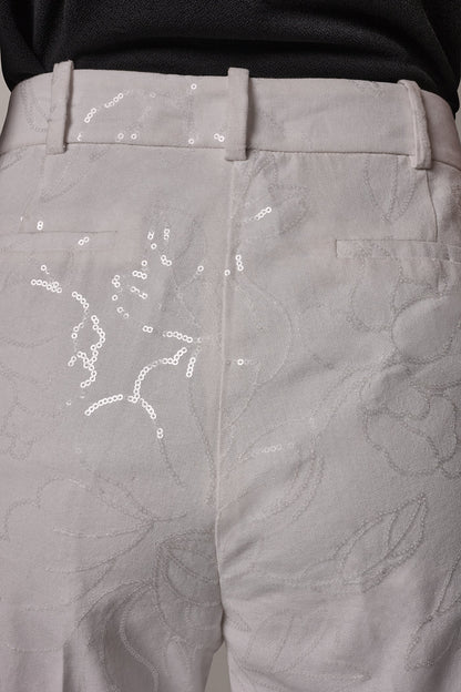 MID-RISE SEQUIN EMBROIDERED STRAIGHT ANKLE PANT - Cream