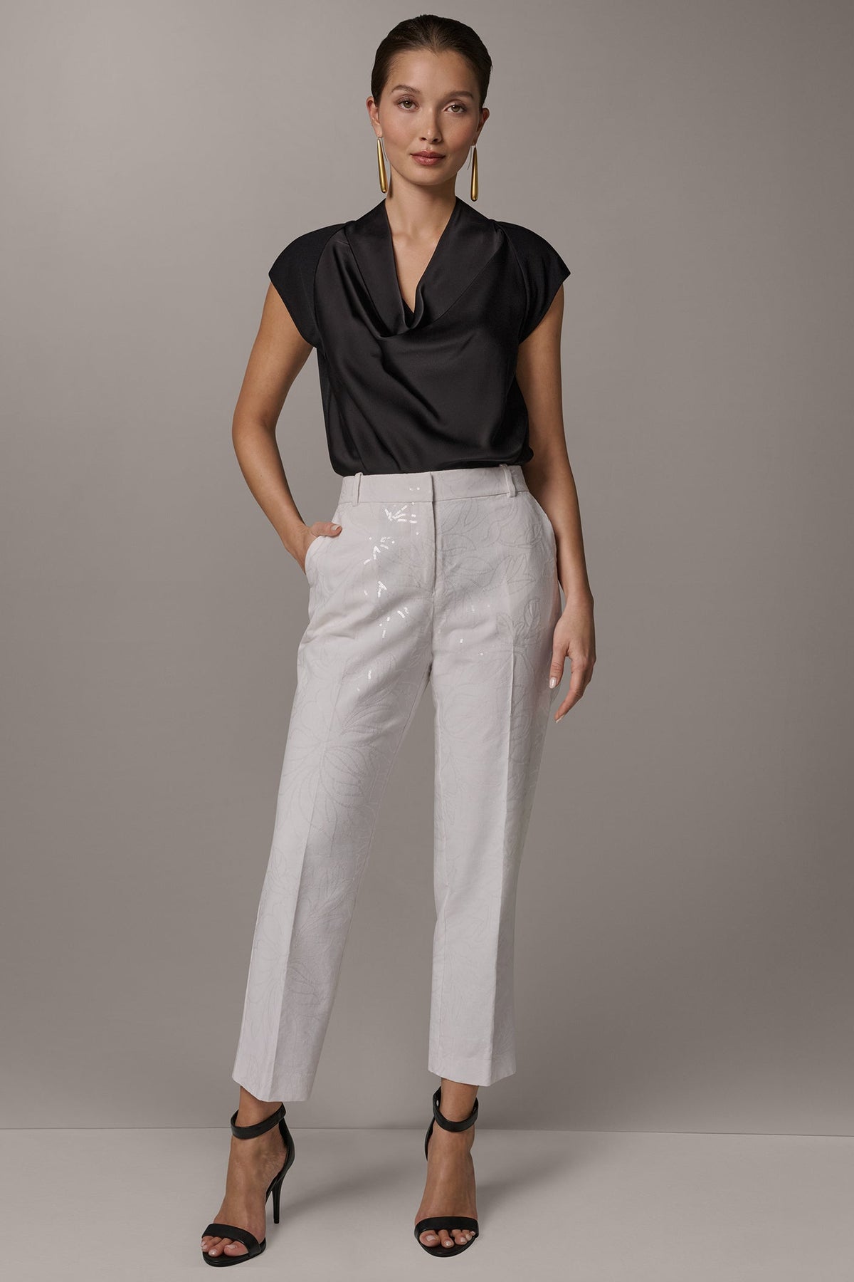 MID-RISE SEQUIN EMBROIDERED STRAIGHT ANKLE PANT - Cream