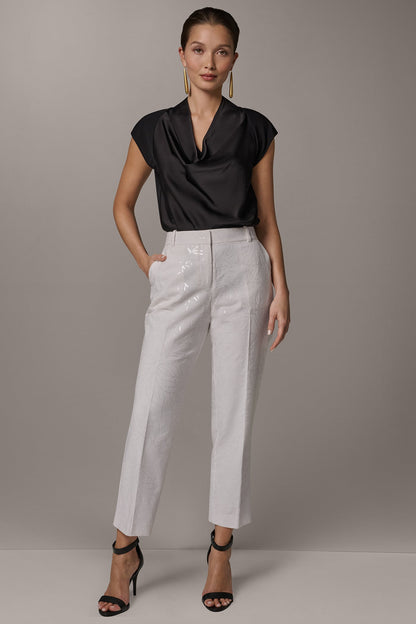 MID-RISE SEQUIN EMBROIDERED STRAIGHT ANKLE PANT - Cream