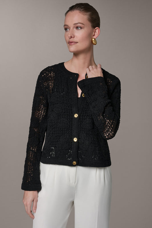 BELL SLEEVE FLORAL CROCHET JACKET - Black