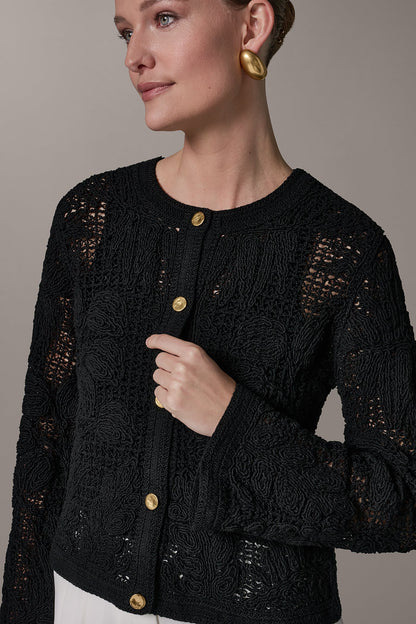 BELL SLEEVE FLORAL CROCHET JACKET - Black