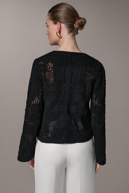 BELL SLEEVE FLORAL CROCHET JACKET - Black