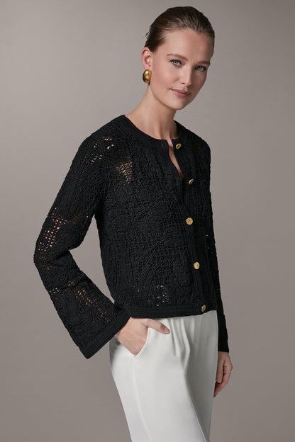 BELL SLEEVE FLORAL CROCHET JACKET - Black