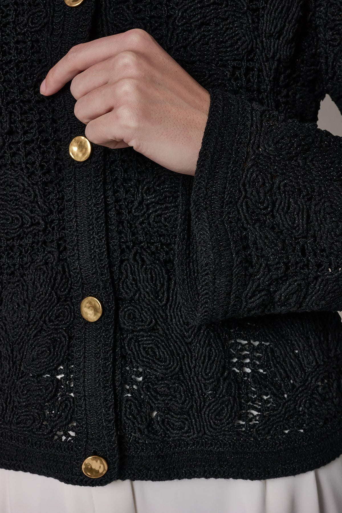 BELL SLEEVE FLORAL CROCHET JACKET - Black