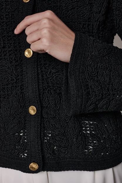 BELL SLEEVE FLORAL CROCHET JACKET - Black