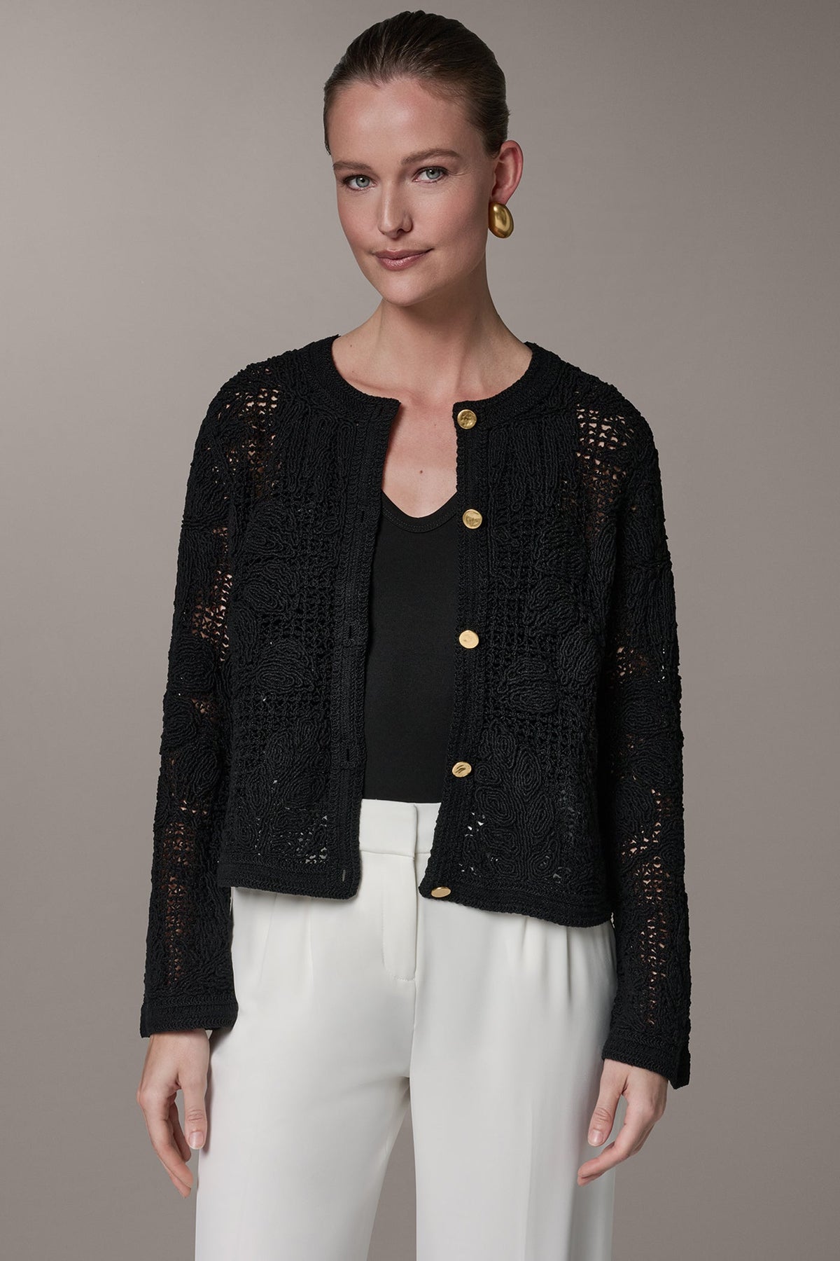 BELL SLEEVE FLORAL CROCHET JACKET - Black