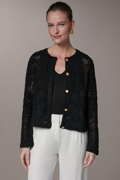 BELL SLEEVE FLORAL CROCHET JACKET - Black