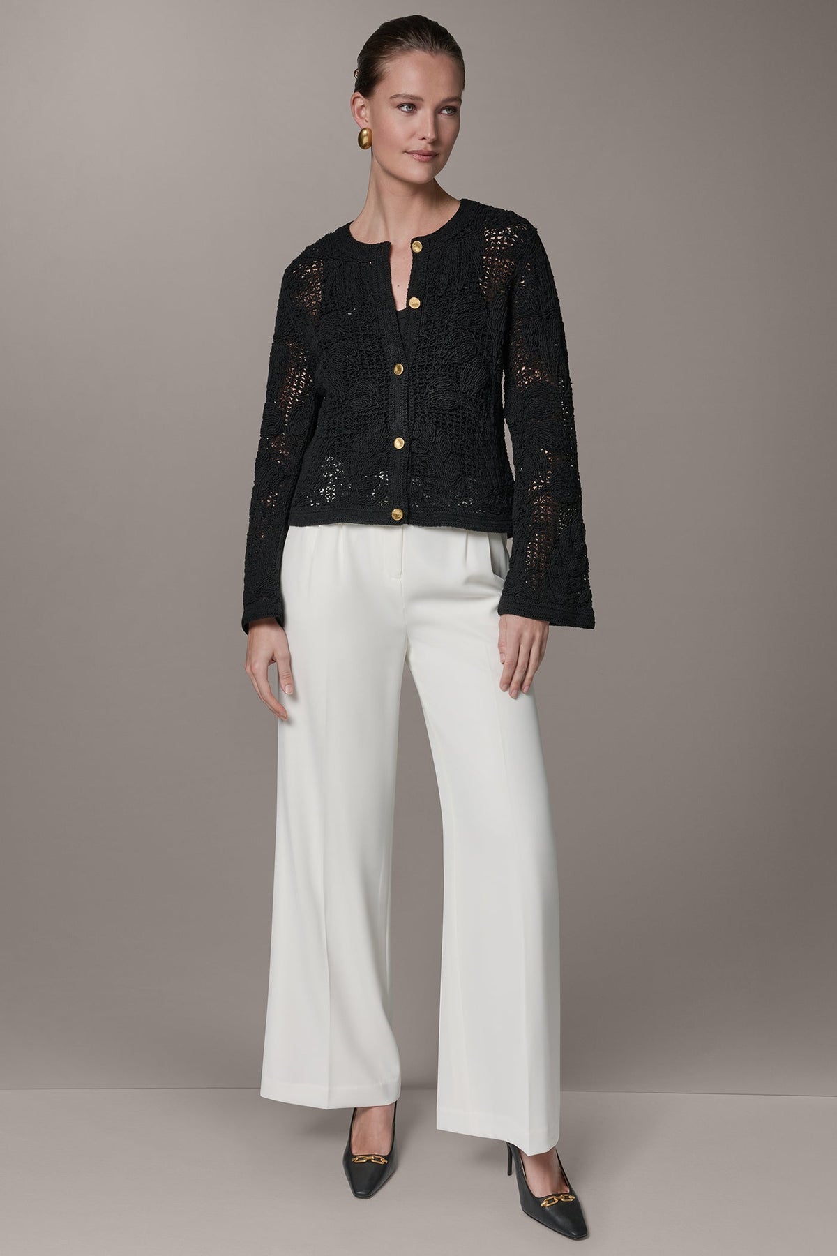 BELL SLEEVE FLORAL CROCHET JACKET - Black