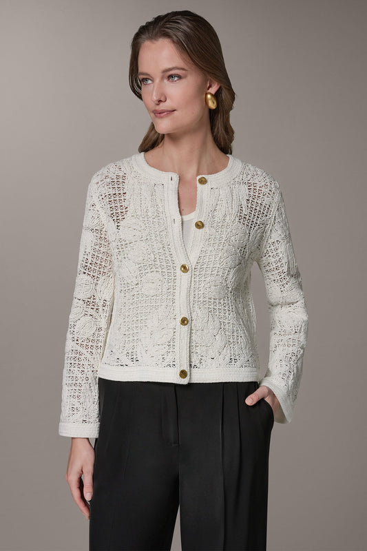BELL SLEEVE FLORAL CROCHET JACKET - Cream