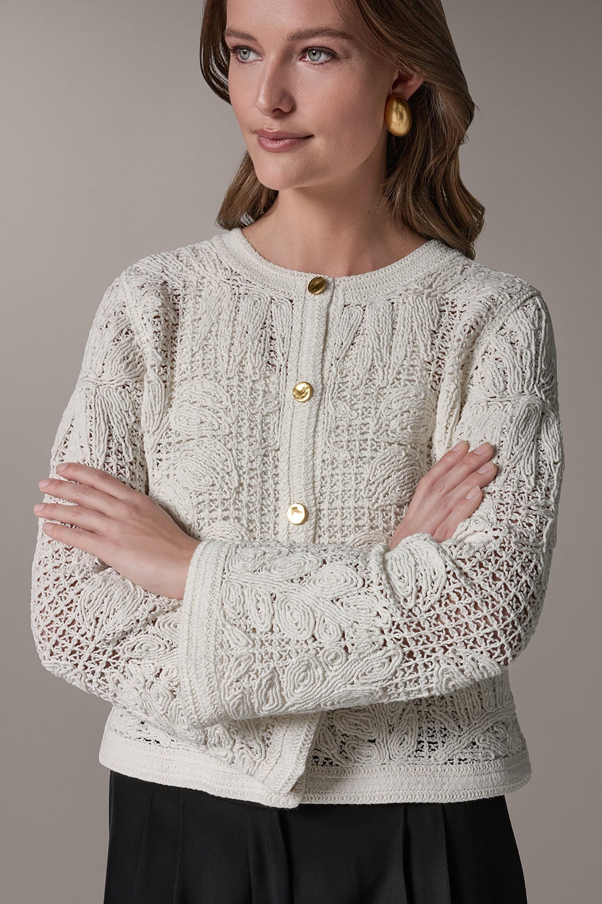 BELL SLEEVE FLORAL CROCHET JACKET - Cream