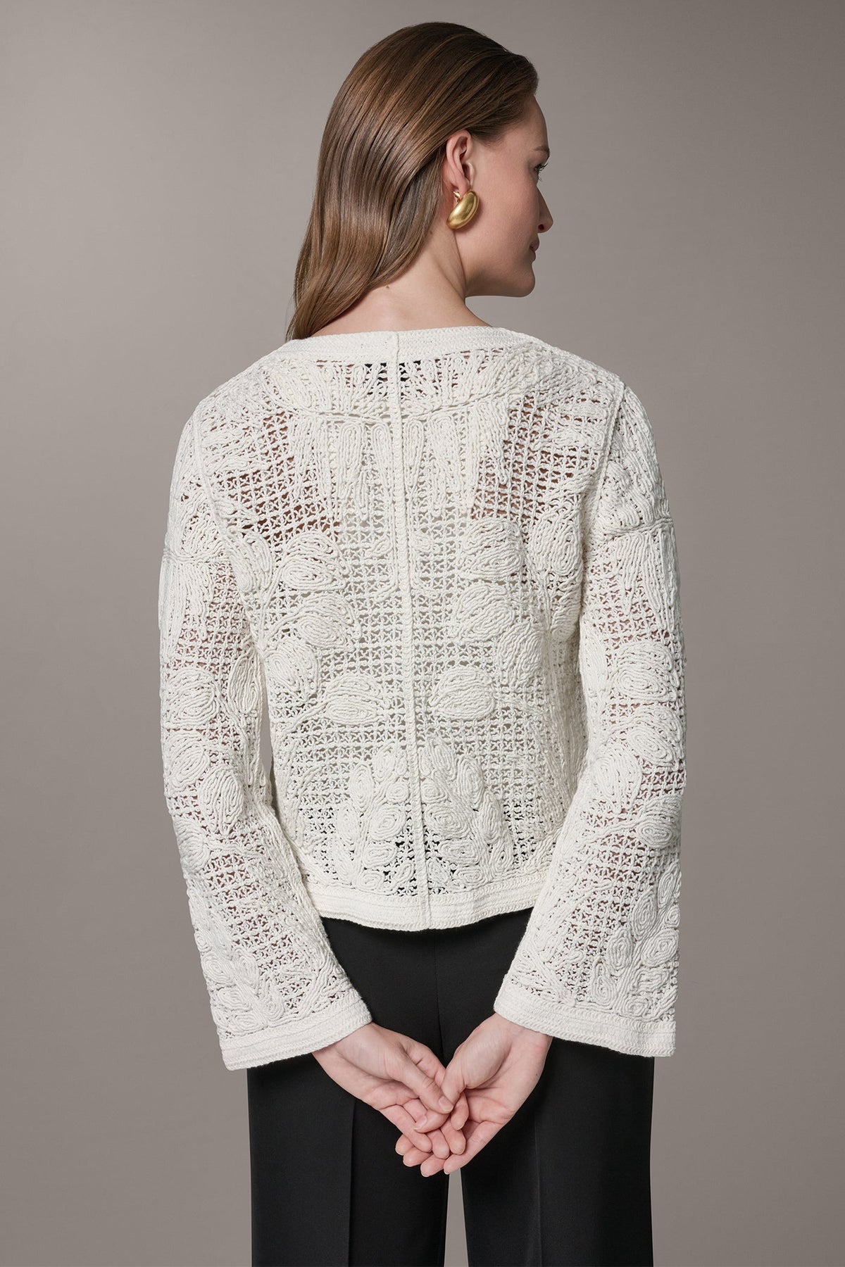 BELL SLEEVE FLORAL CROCHET JACKET - Cream