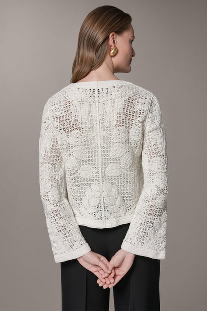 BELL SLEEVE FLORAL CROCHET JACKET - Cream