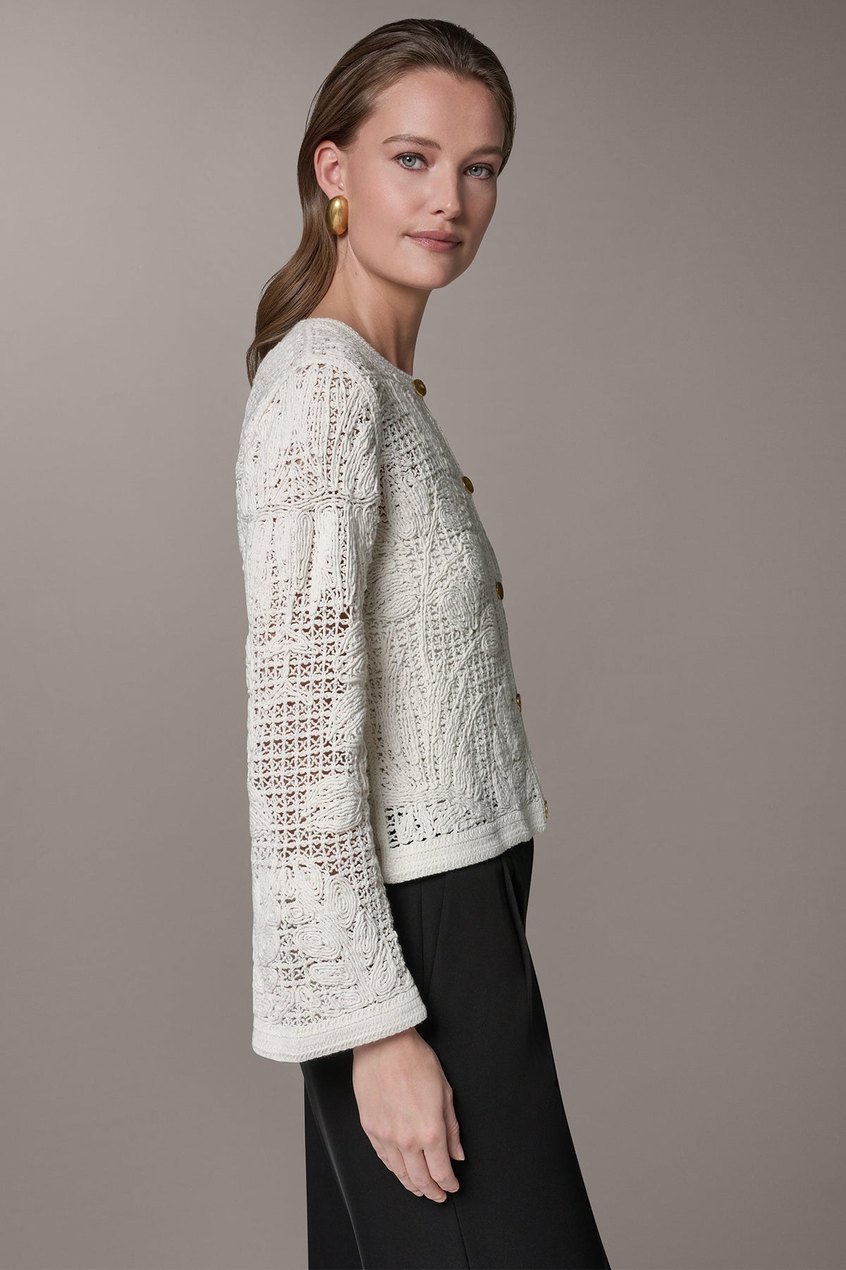 BELL SLEEVE FLORAL CROCHET JACKET - Cream
