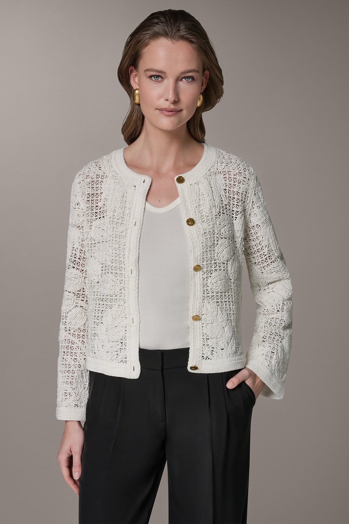 BELL SLEEVE FLORAL CROCHET JACKET - Cream