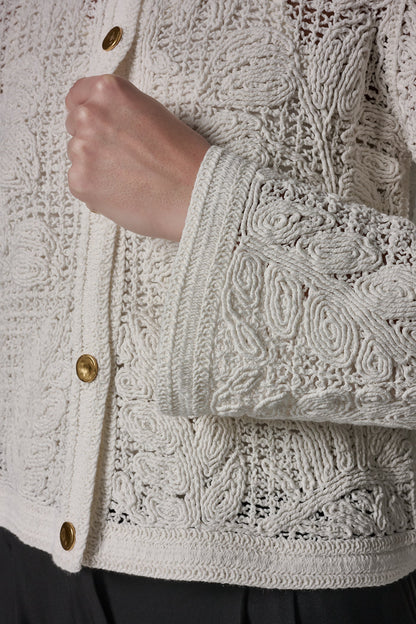BELL SLEEVE FLORAL CROCHET JACKET - Cream
