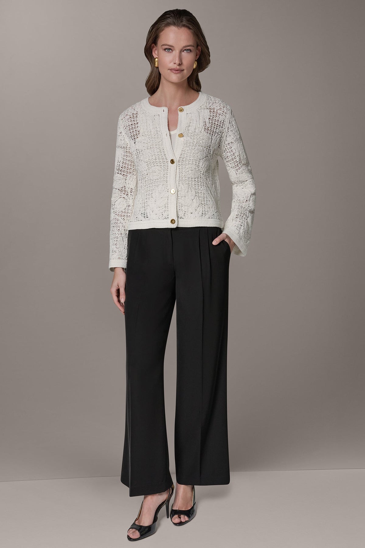 BELL SLEEVE FLORAL CROCHET JACKET - Cream