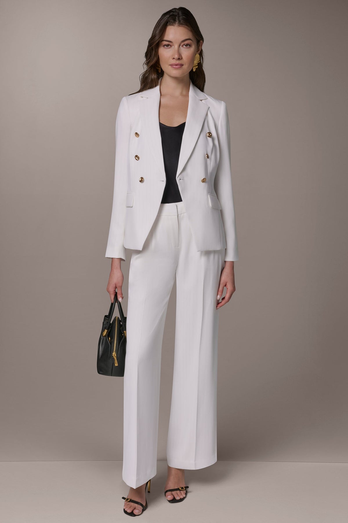 DOUBLE BREASTED PINSTRIPE SUIT BLAZER - Cream/Tuscan Grey