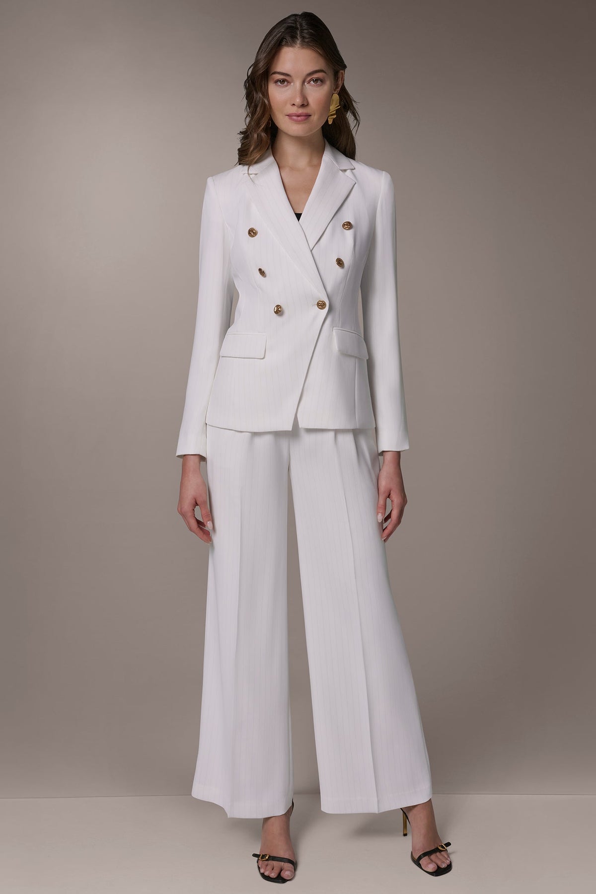 DOUBLE BREASTED PINSTRIPE SUIT BLAZER - Cream/Tuscan Grey