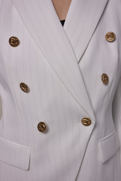 DOUBLE BREASTED PINSTRIPE SUIT BLAZER - Cream/Tuscan Grey