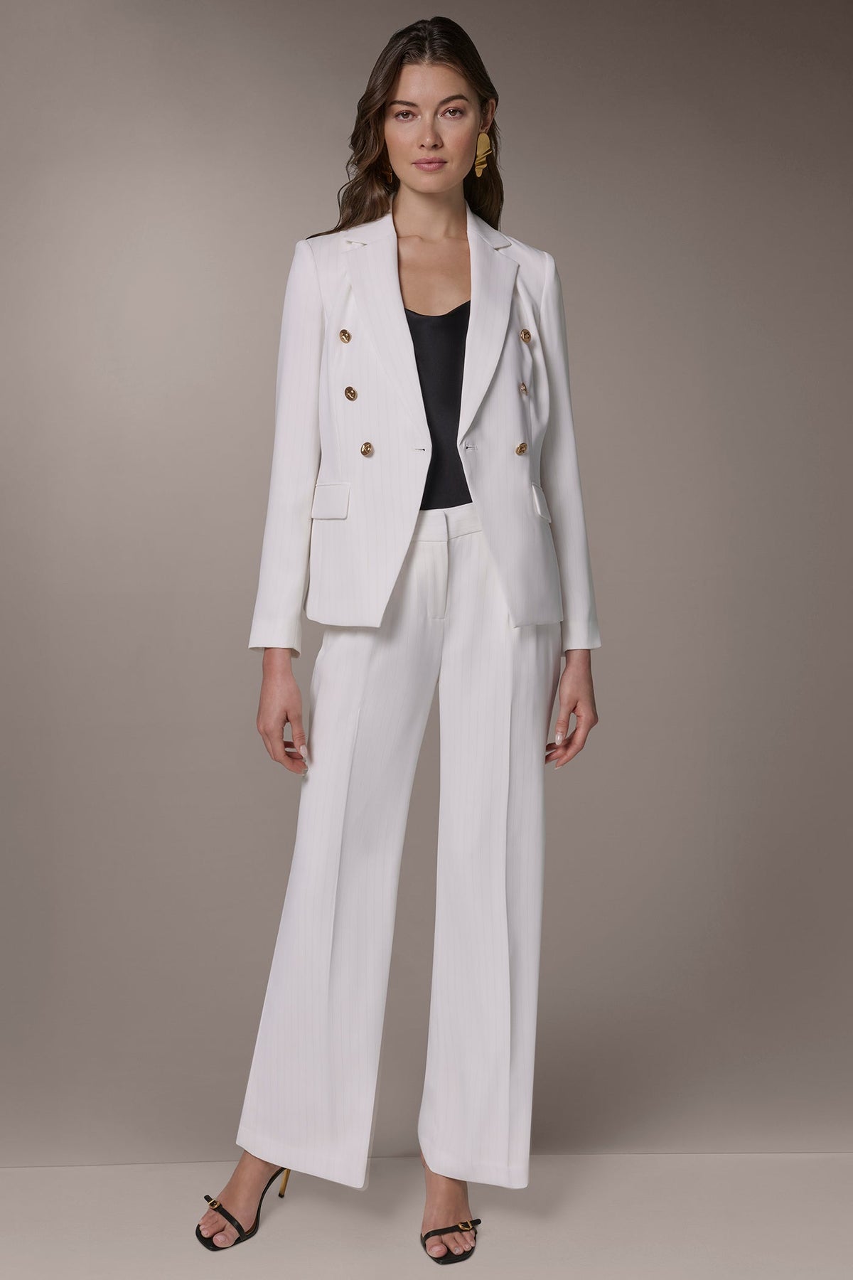 DOUBLE BREASTED PINSTRIPE SUIT BLAZER - Cream/Tuscan Grey