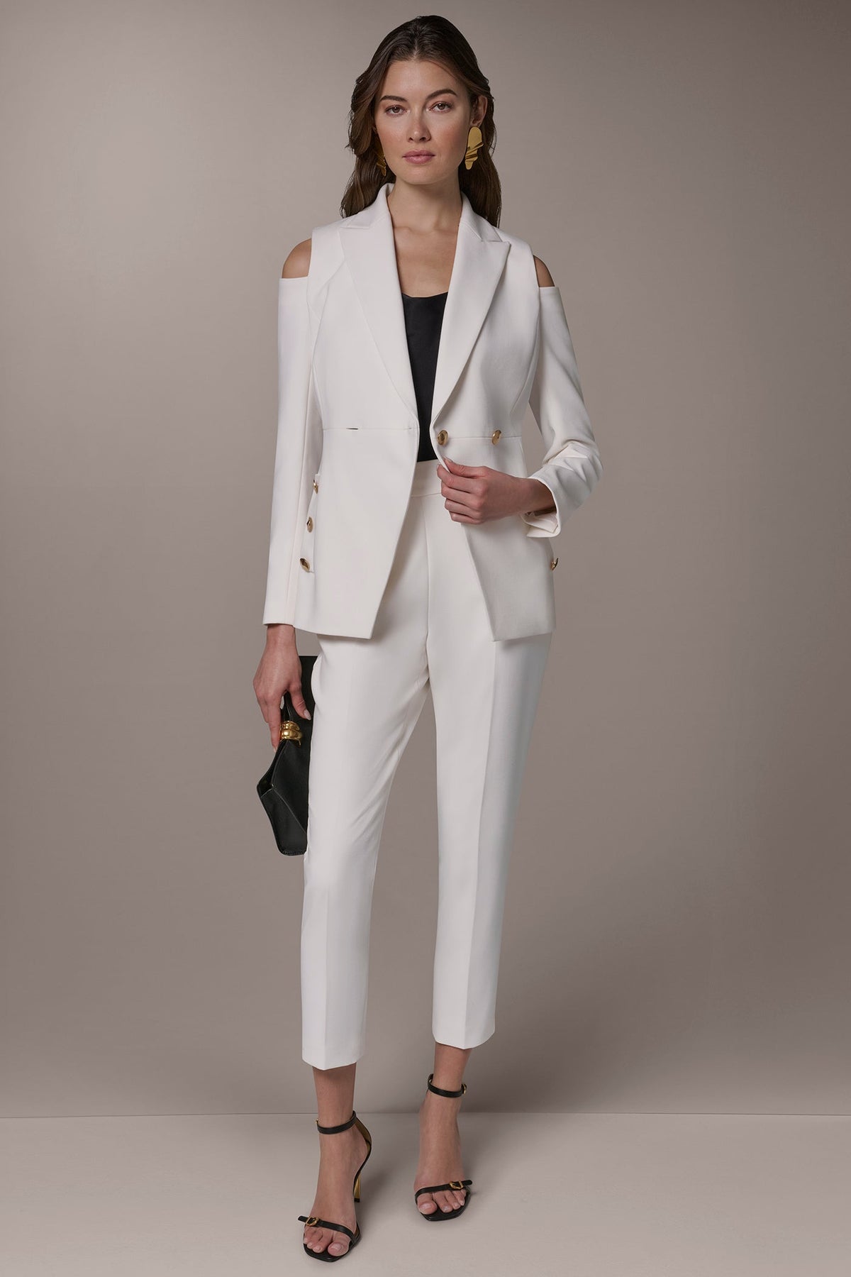 DOUBLE-BREASTED COLD-SHOULDER SUIT BLAZER - Cream