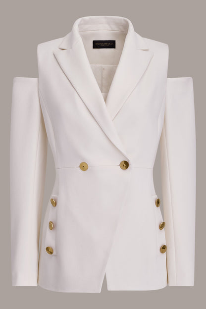 DOUBLE-BREASTED COLD-SHOULDER SUIT BLAZER - Cream