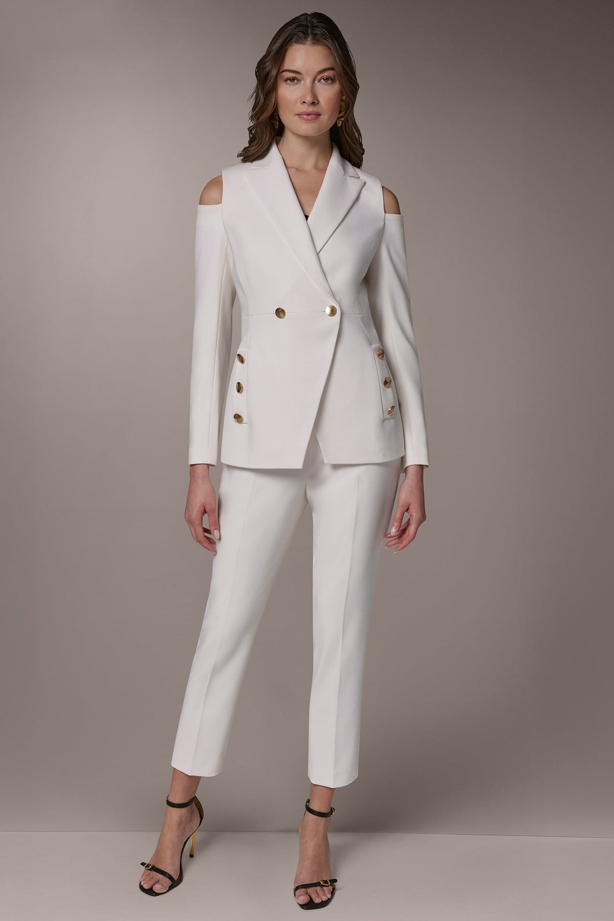 DOUBLE-BREASTED COLD-SHOULDER SUIT BLAZER - Cream