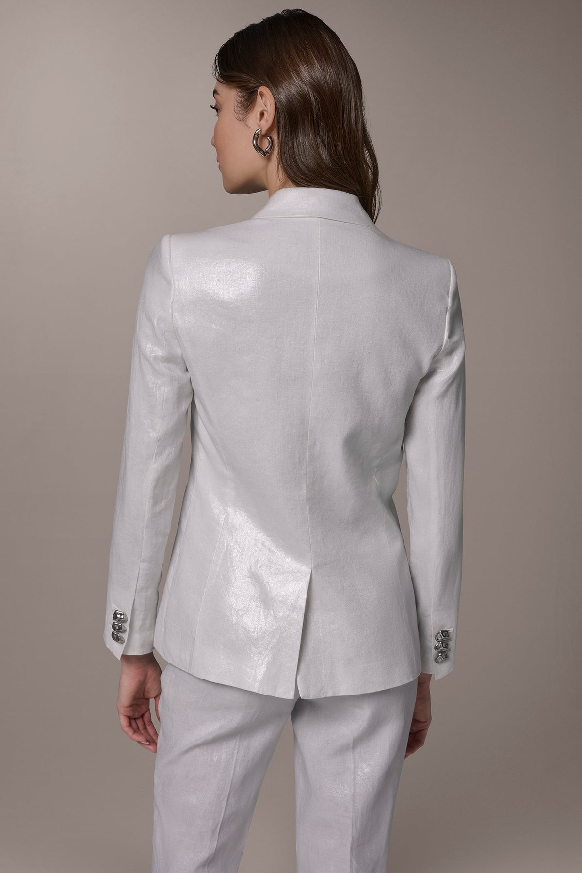 FOILED LINEN ONE-BUTTON SUIT BLAZER - Cream/Silver