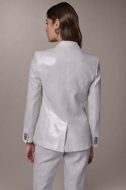 FOILED LINEN ONE-BUTTON SUIT BLAZER - Cream/Silver