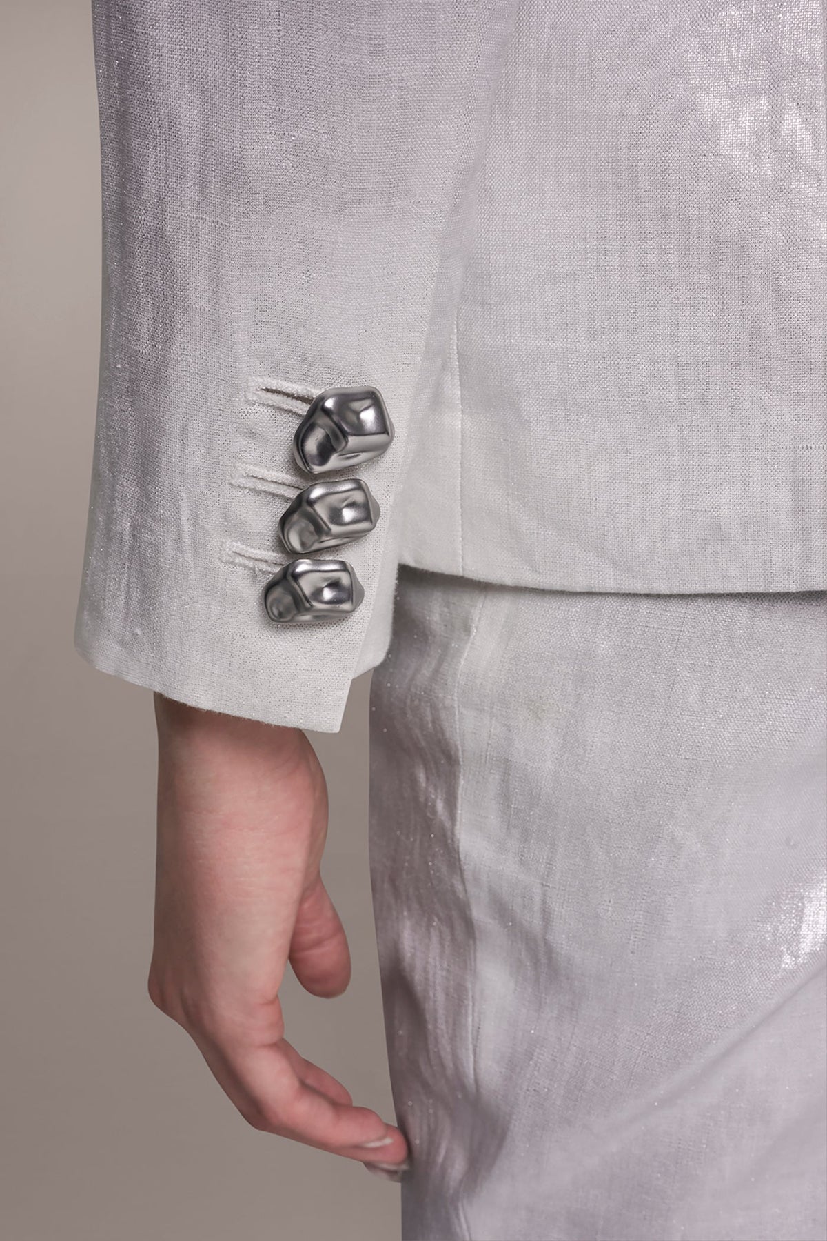 FOILED LINEN ONE-BUTTON SUIT BLAZER - Cream/Silver