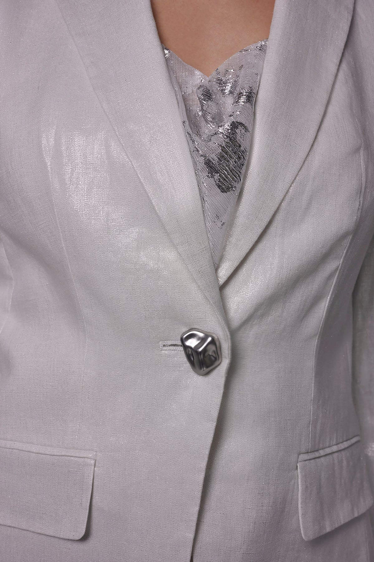 FOILED LINEN ONE-BUTTON SUIT BLAZER - Cream/Silver