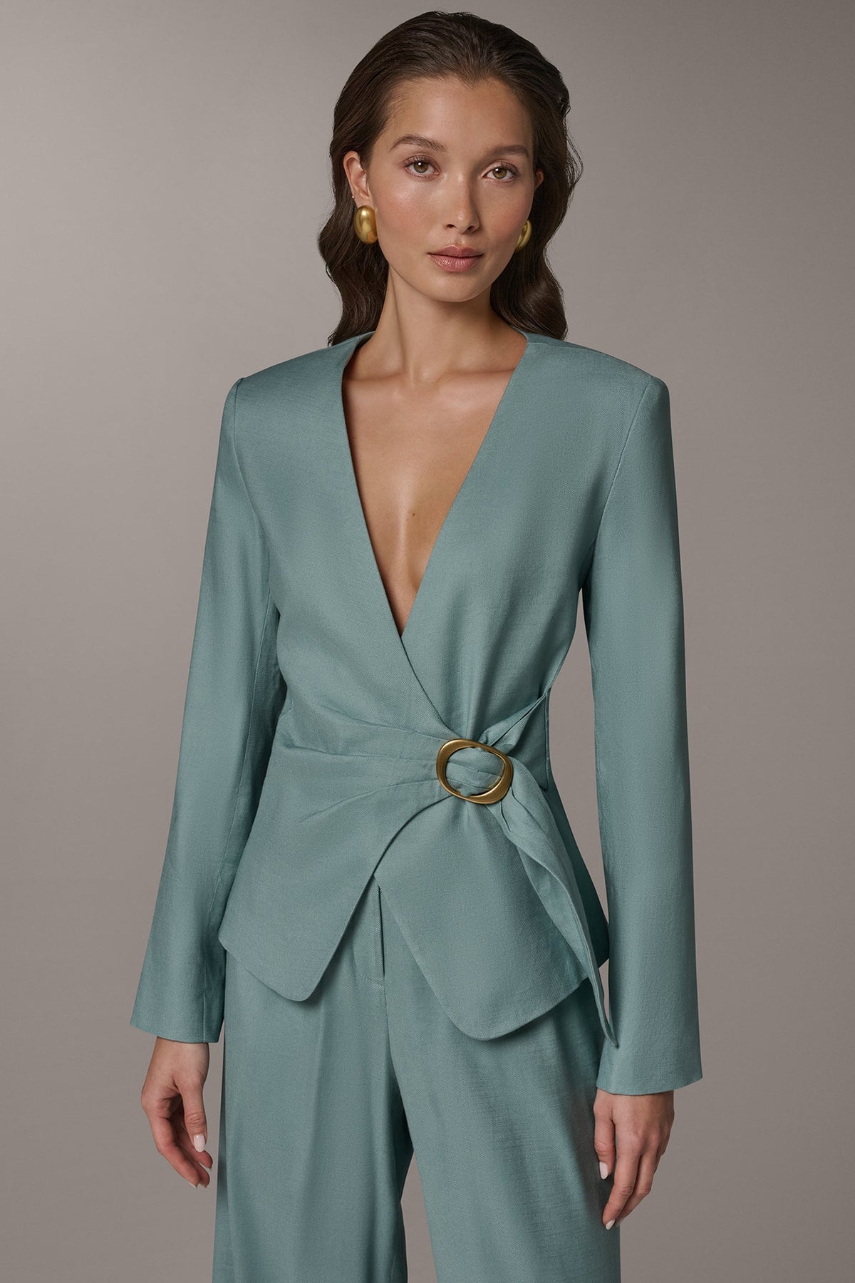LINEN-BLEND WRAP-EFFECT BUCKLE JACKET - Waterlily