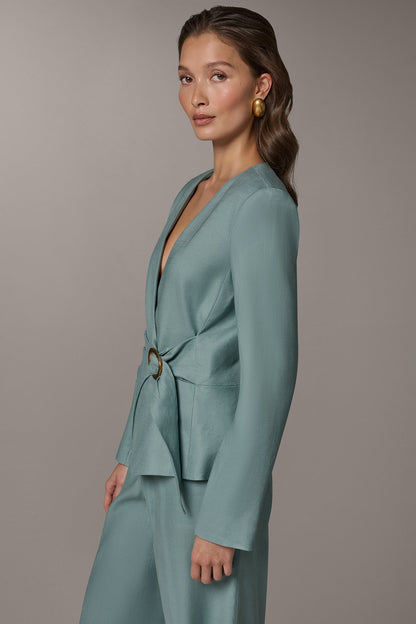 LINEN-BLEND WRAP-EFFECT BUCKLE JACKET - Waterlily