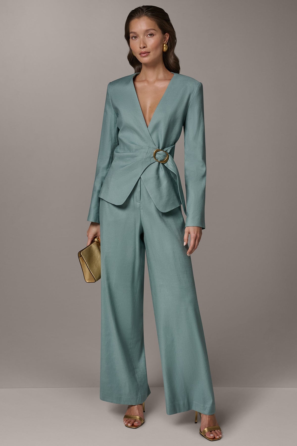 LINEN-BLEND WRAP-EFFECT BUCKLE JACKET - Waterlily
