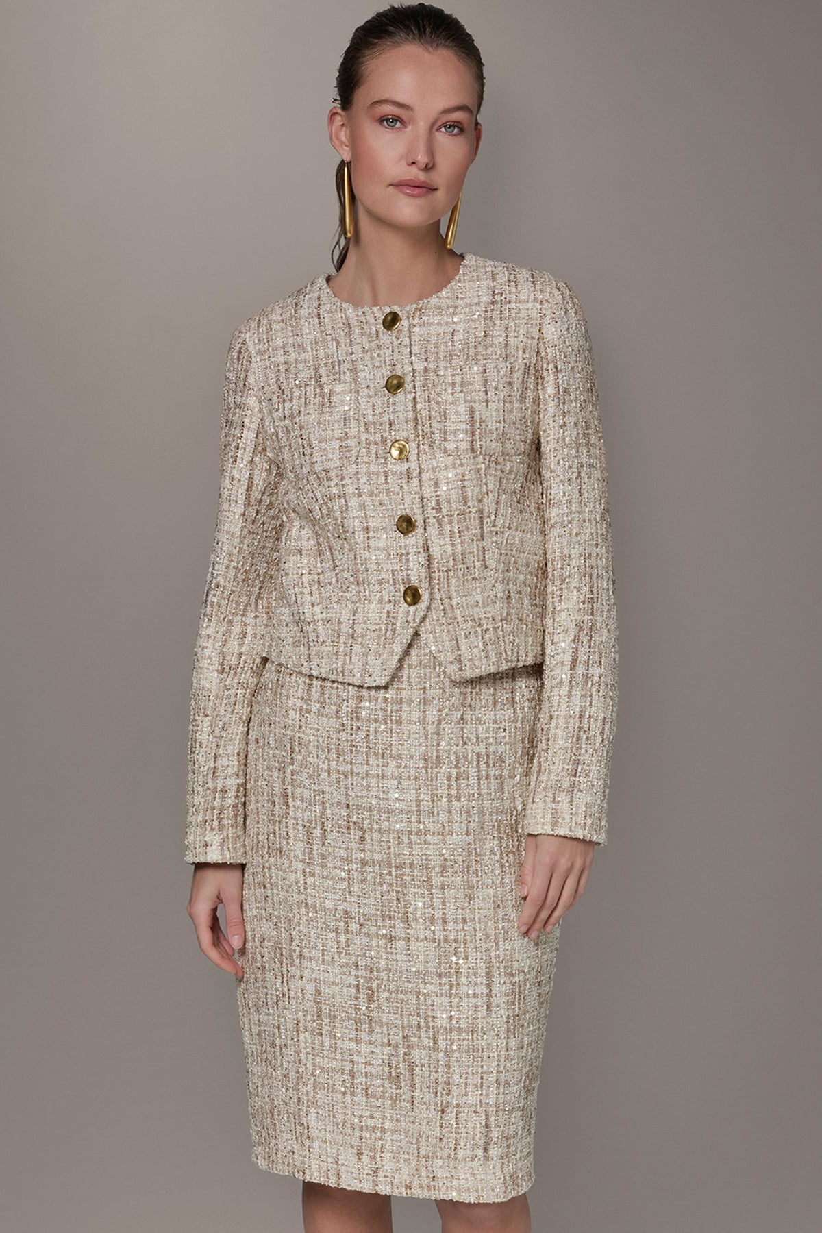 CROPPED SEQUINED TWEED LADY JACKET - Dark Cream Multi